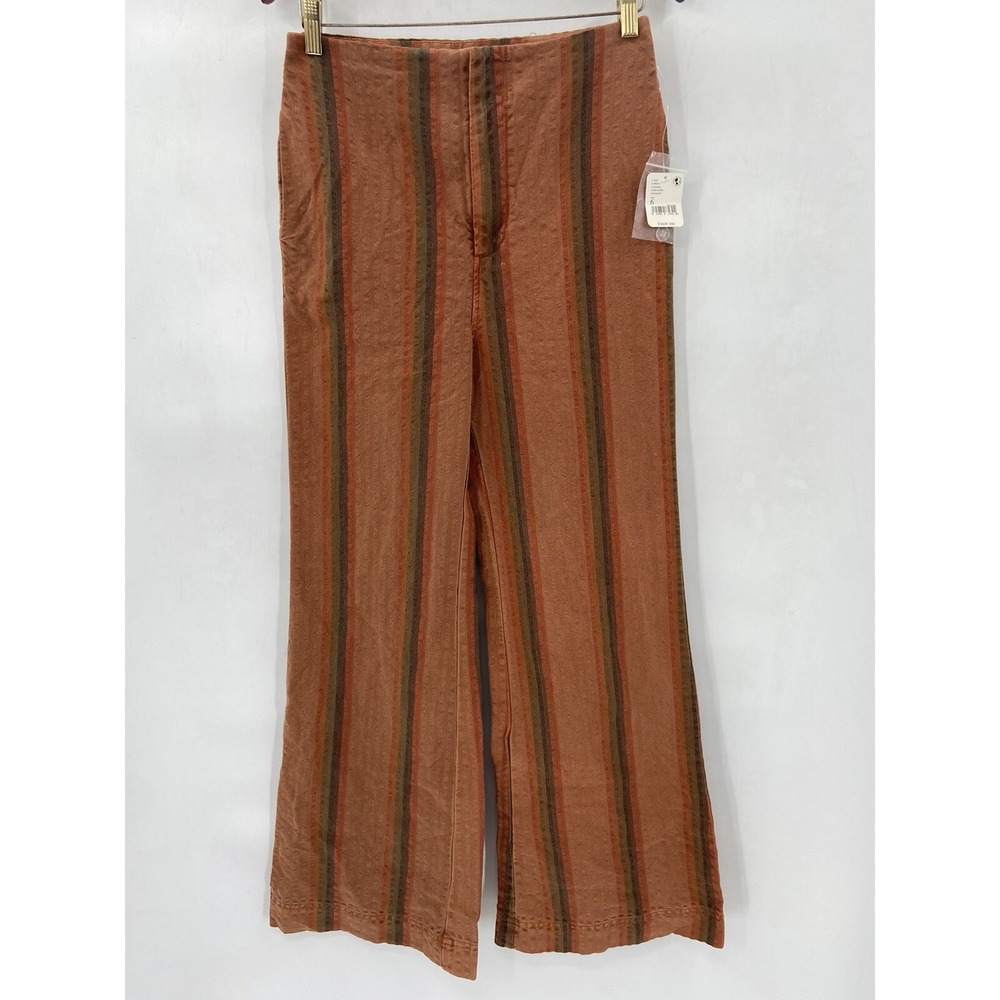 NWT Free People Star Of Wonder Flared Trousers in Brown Stripe Women's Size 6